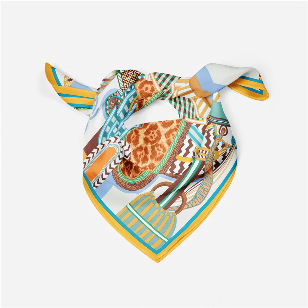 Twill Silk Scarf Woman Saddle Painting Square Scarves Wraps Bandana Small Hijab Silk Foulards Tie Headband Neckerchief 53CM