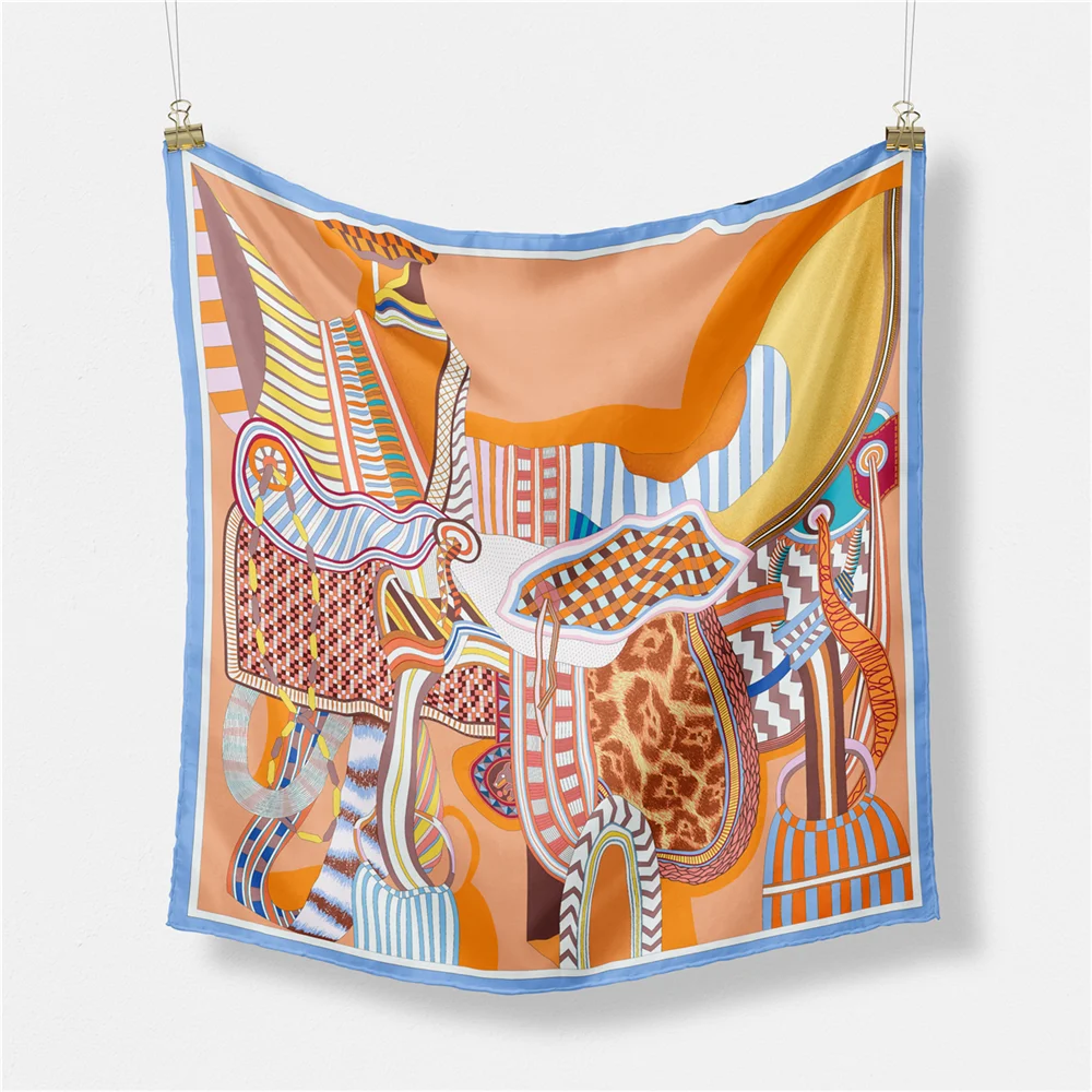 Twill Silk Scarf Woman Saddle Painting Square Scarves Wraps Bandana Small Hijab Silk Foulards Tie Headband Neckerchief 53CM