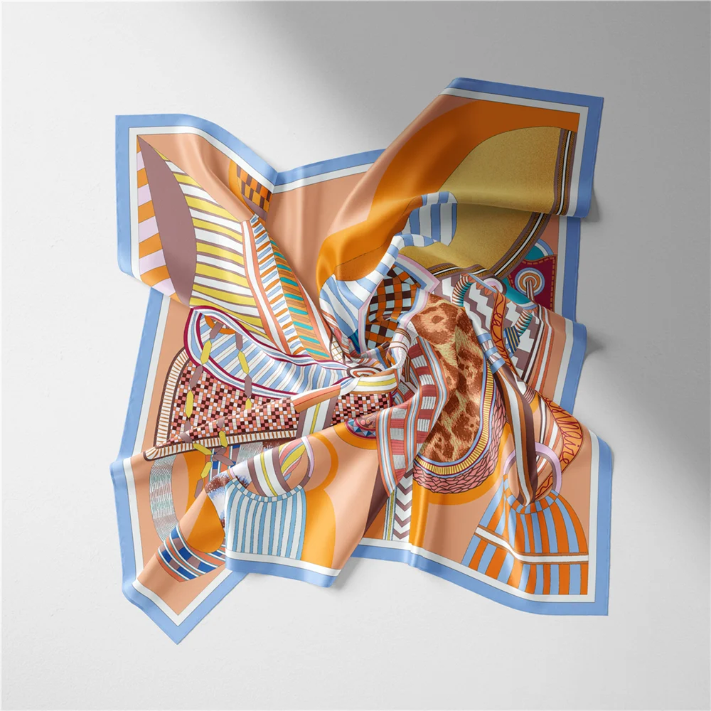 Twill Silk Scarf Woman Saddle Painting Square Scarves Wraps Bandana Small Hijab Silk Foulards Tie Headband Neckerchief 53CM