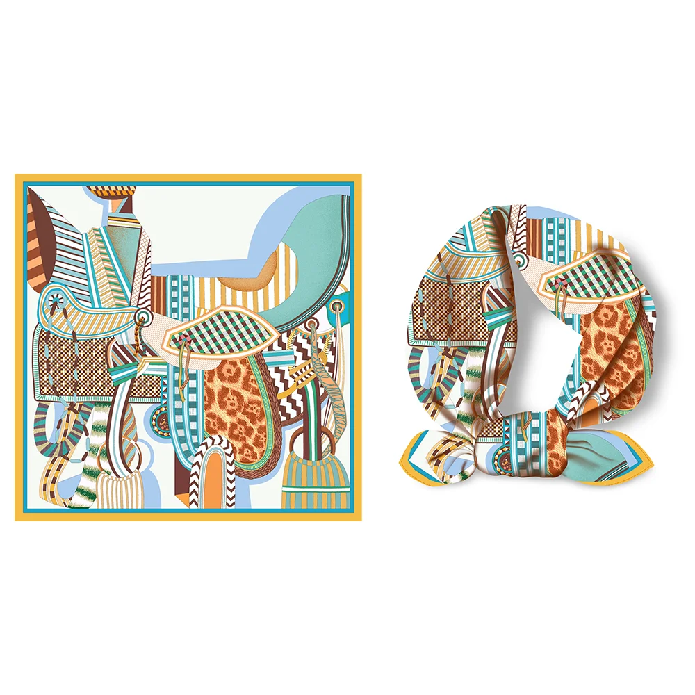 Twill Silk Scarf Woman Saddle Painting Square Scarves Wraps Bandana Small Hijab Silk Foulards Tie Headband Neckerchief 53CM