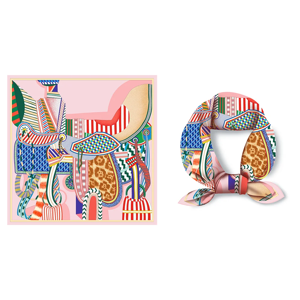 Twill Silk Scarf Woman Saddle Painting Square Scarves Wraps Bandana Small Hijab Silk Foulards Tie Headband Neckerchief 53CM