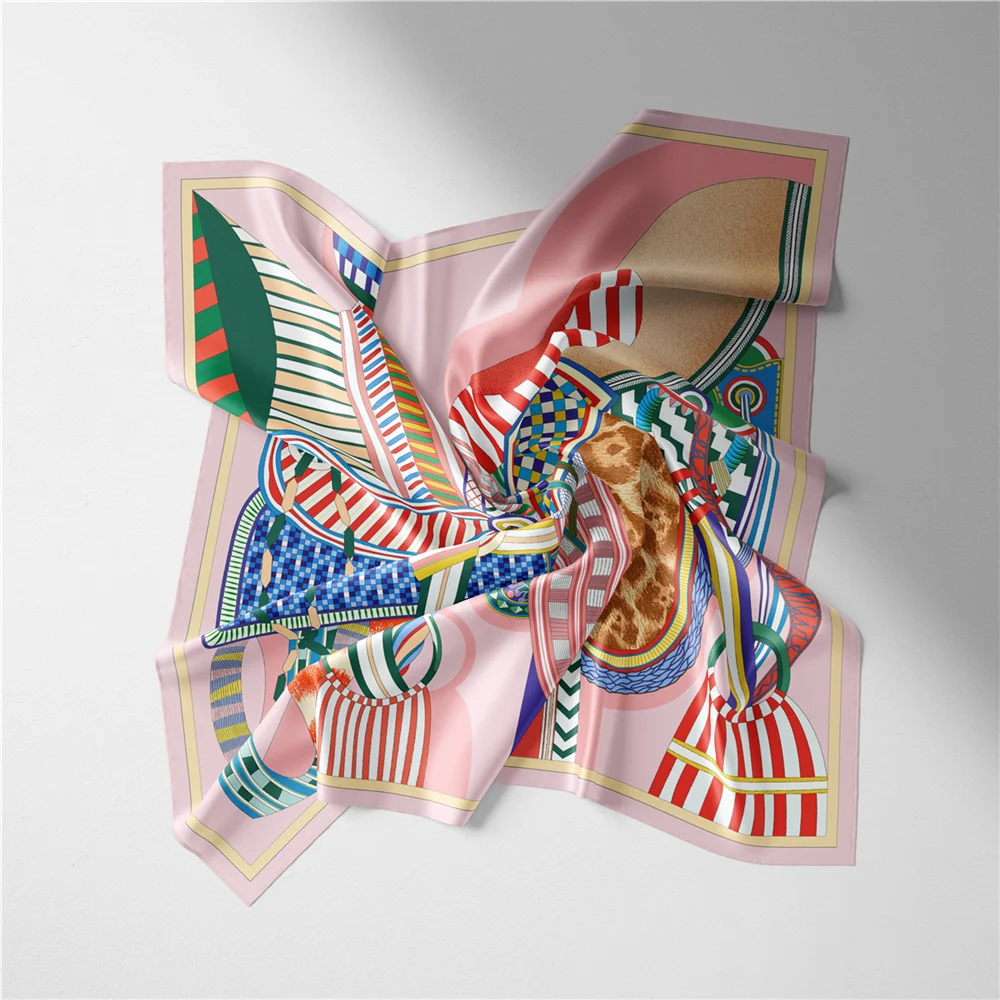 Twill Silk Scarf Woman Saddle Painting Square Scarves Wraps Bandana Small Hijab Silk Foulards Tie Headband Neckerchief 53CM