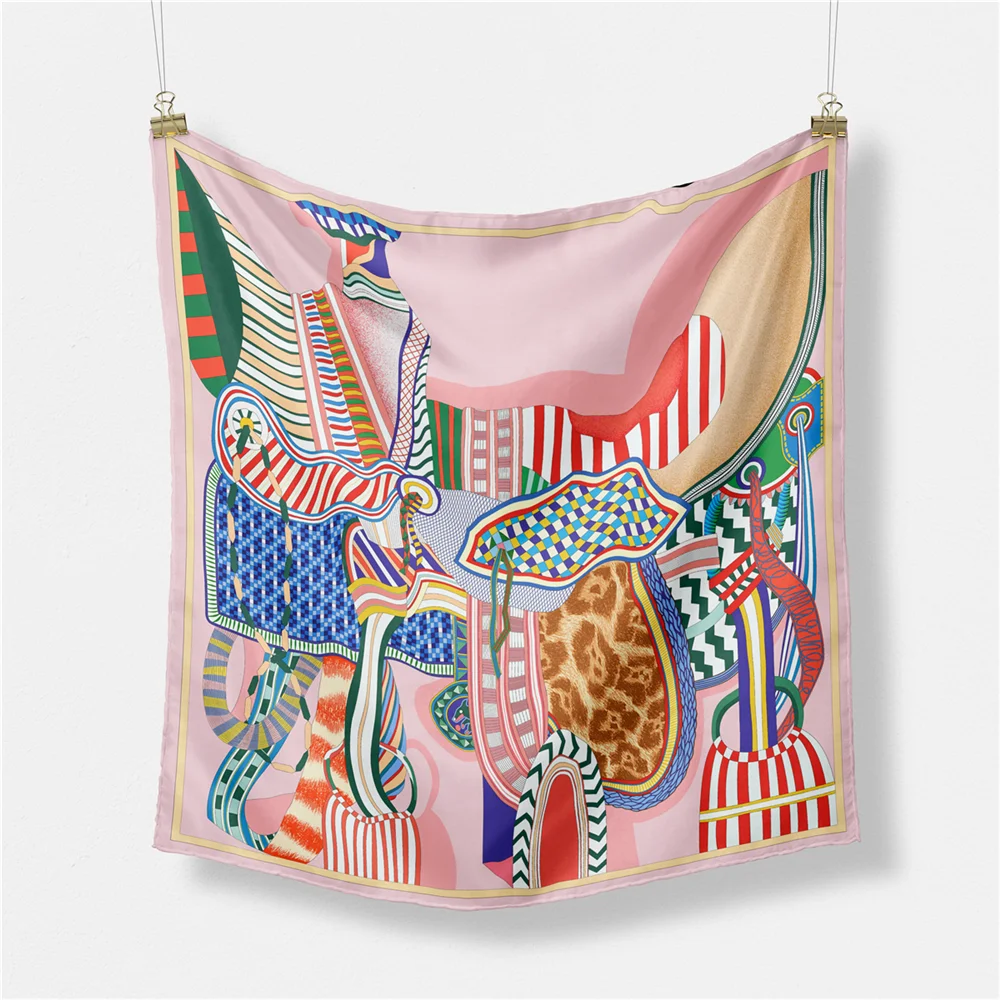 Twill Silk Scarf Woman Saddle Painting Square Scarves Wraps Bandana Small Hijab Silk Foulards Tie Headband Neckerchief 53CM