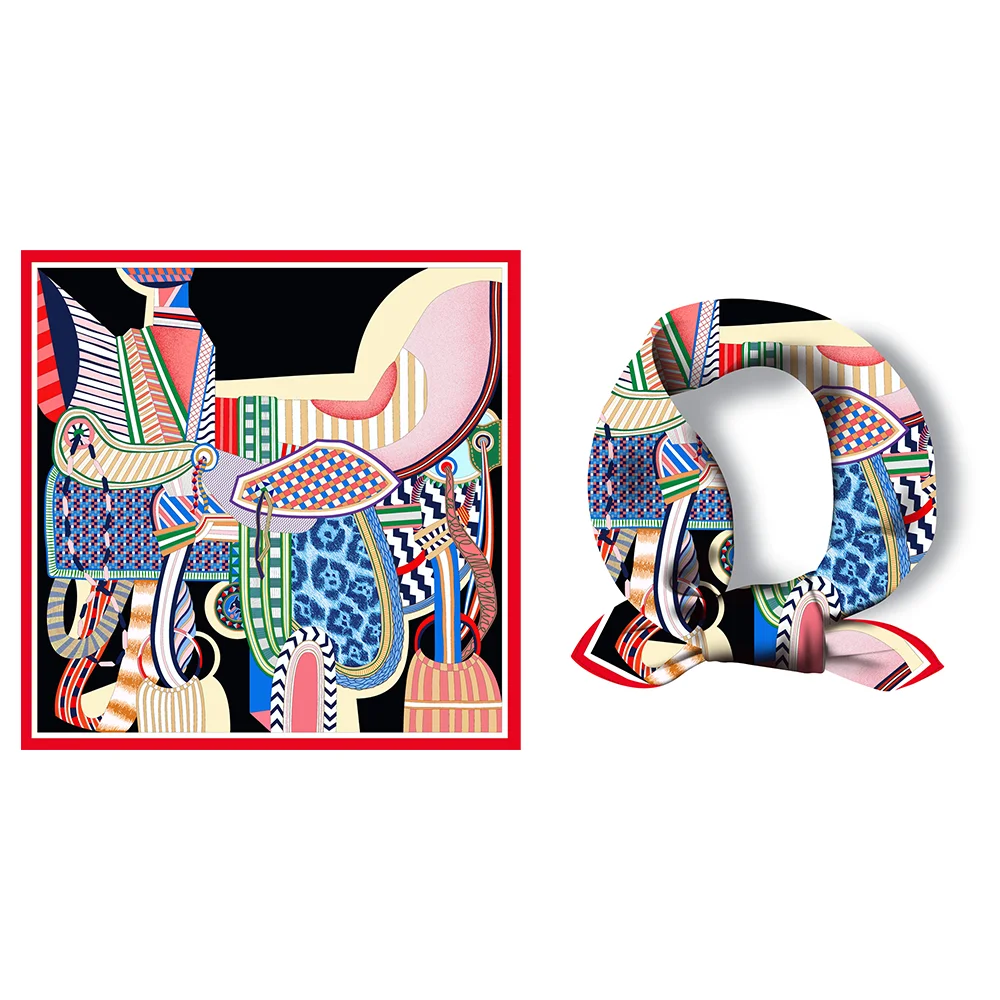 Twill Silk Scarf Woman Saddle Painting Square Scarves Wraps Bandana Small Hijab Silk Foulards Tie Headband Neckerchief 53CM