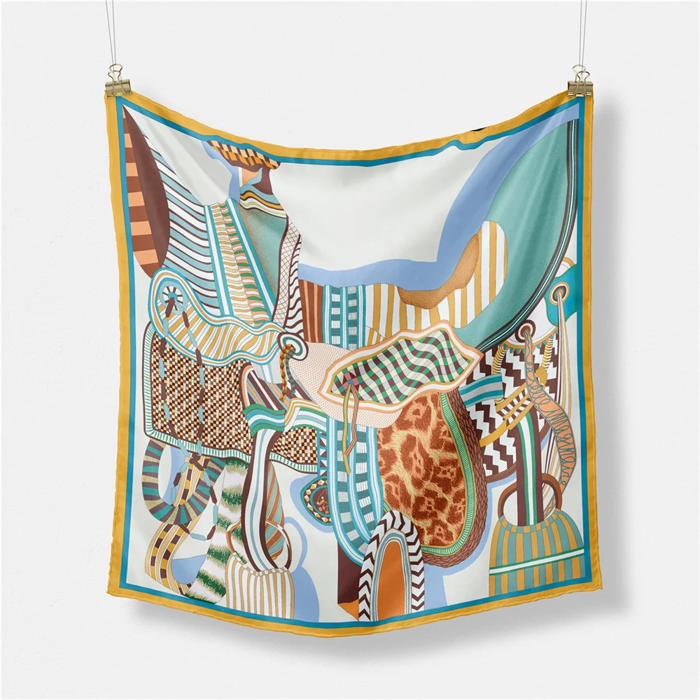 Twill Silk Scarf Woman Saddle Painting Square Scarves Wraps Bandana Small Hijab Silk Foulards Tie Headband Neckerchief 53CM