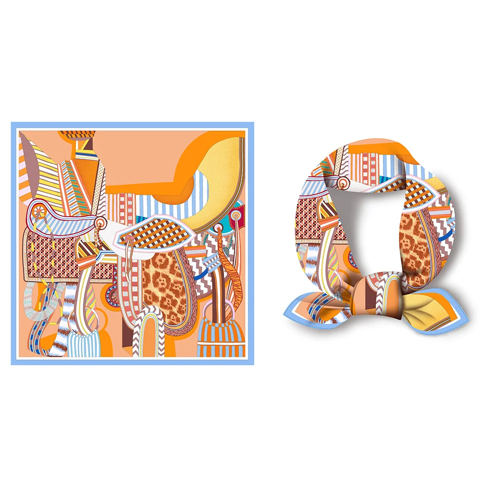 Twill Silk Scarf Woman Saddle Painting Square Scarves Wraps Bandana Small Hijab Silk Foulards Tie Headband Neckerchief 53CM