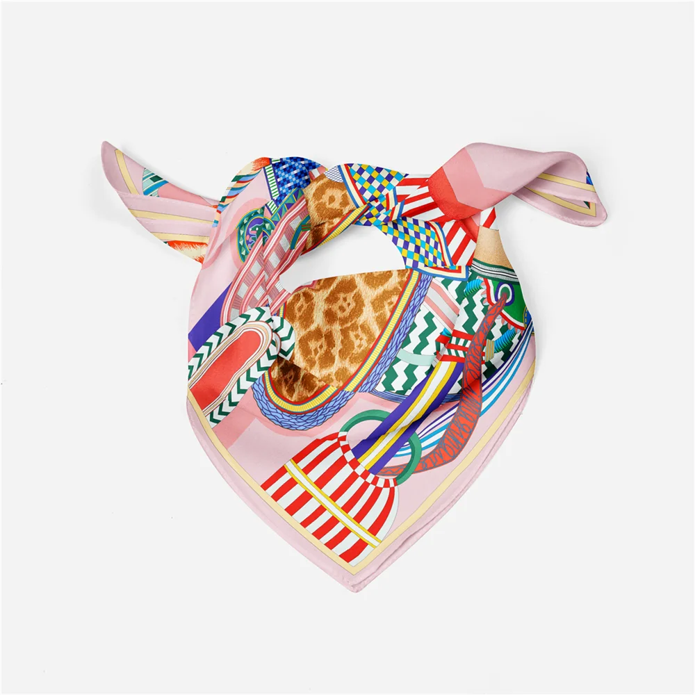 Twill Silk Scarf Woman Saddle Painting Square Scarves Wraps Bandana Small Hijab Silk Foulards Tie Headband Neckerchief 53CM
