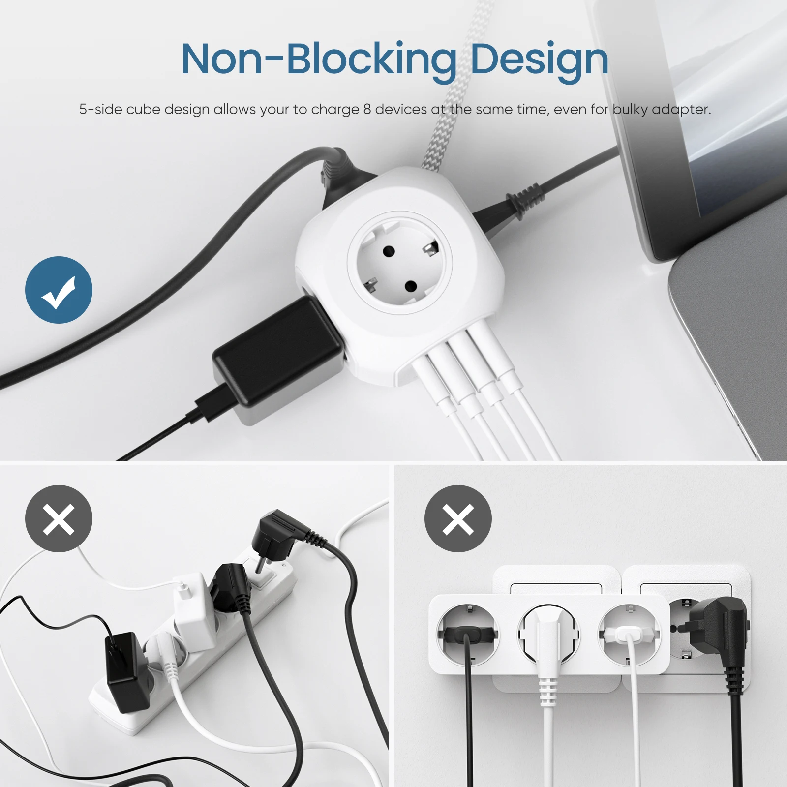 LENCENT Power Strip Cube with 4 AC Outlets 3 USB Port 1 Type C 3M Braided Cabe Multi Socket Power Adapter with Switch for Home