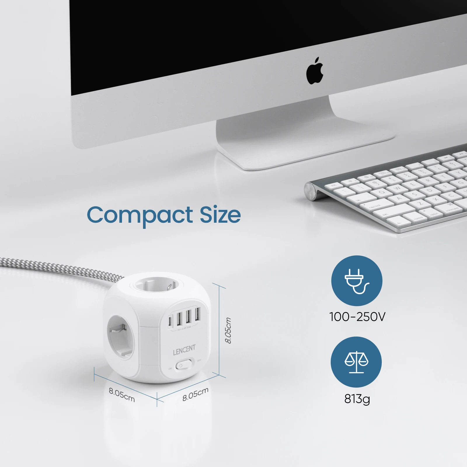 LENCENT Power Strip Cube with 4 AC Outlets 3 USB Port 1 Type C 3M Braided Cabe Multi Socket Power Adapter with Switch for Home