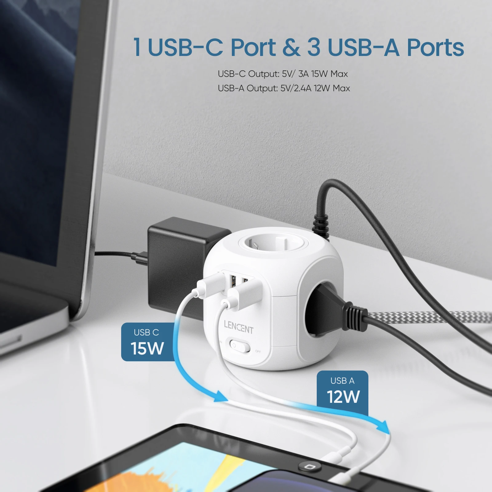 LENCENT Power Strip Cube with 4 AC Outlets 3 USB Port 1 Type C 3M Braided Cabe Multi Socket Power Adapter with Switch for Home