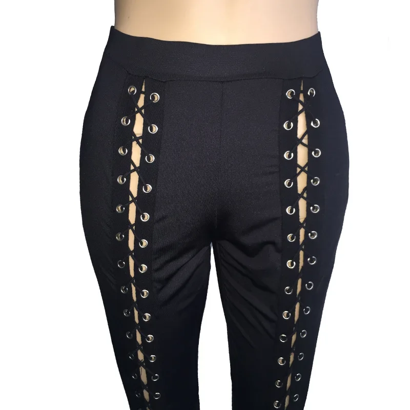 Women Black Leggings Sexy Strapping Strand Empty Rope Slim Fit Outside Wearing Pants With Holes Front Purple Red Large Size Four