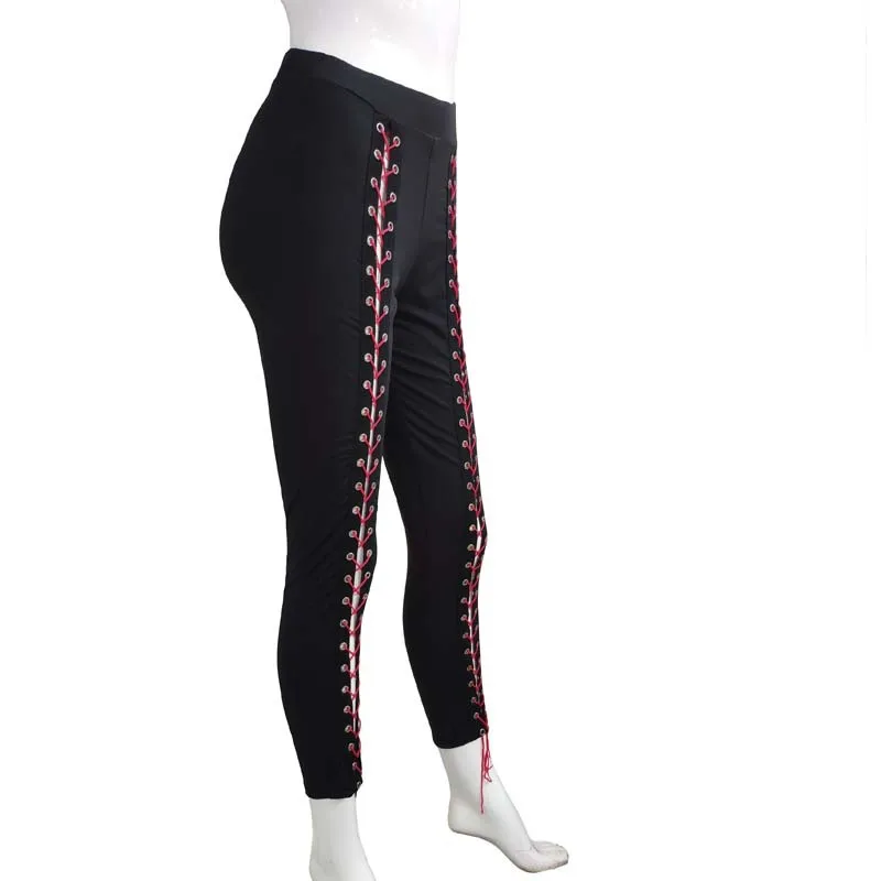 Women Black Leggings Sexy Strapping Strand Empty Rope Slim Fit Outside Wearing Pants With Holes Front Purple Red Large Size Four