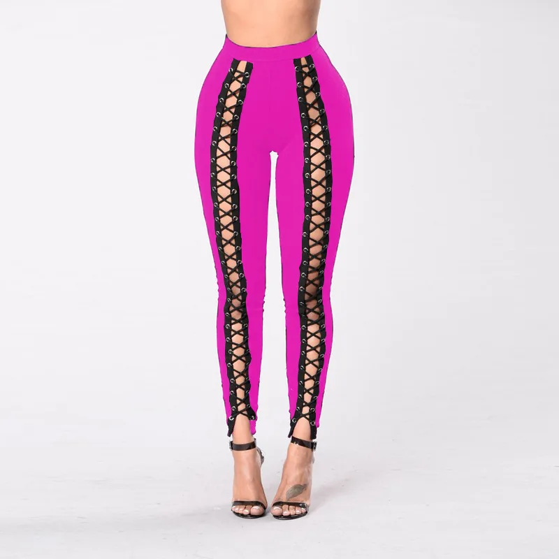 Women Black Leggings Sexy Strapping Strand Empty Rope Slim Fit Outside Wearing Pants With Holes Front Purple Red Large Size Four
