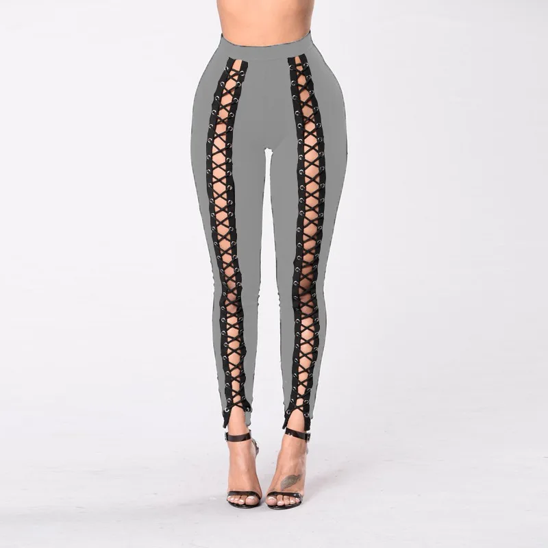 Women Black Leggings Sexy Strapping Strand Empty Rope Slim Fit Outside Wearing Pants With Holes Front Purple Red Large Size Four