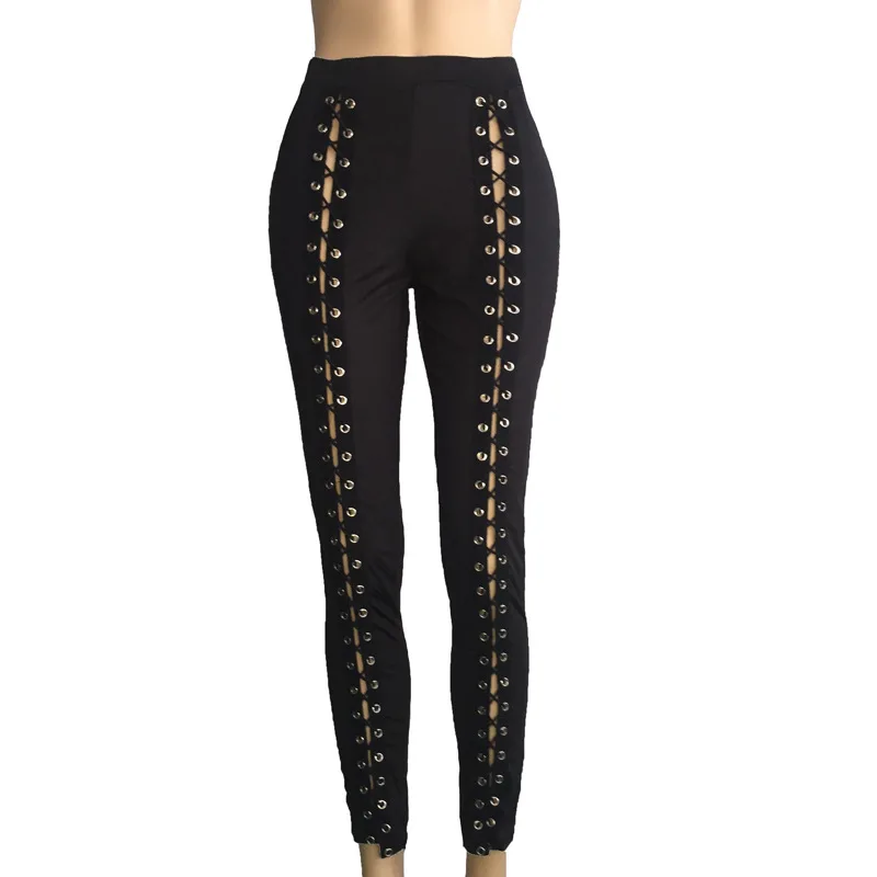 Women Black Leggings Sexy Strapping Strand Empty Rope Slim Fit Outside Wearing Pants With Holes Front Purple Red Large Size Four