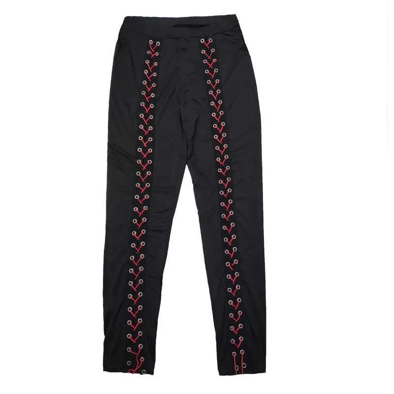 Women Black Leggings Sexy Strapping Strand Empty Rope Slim Fit Outside Wearing Pants With Holes Front Purple Red Large Size Four