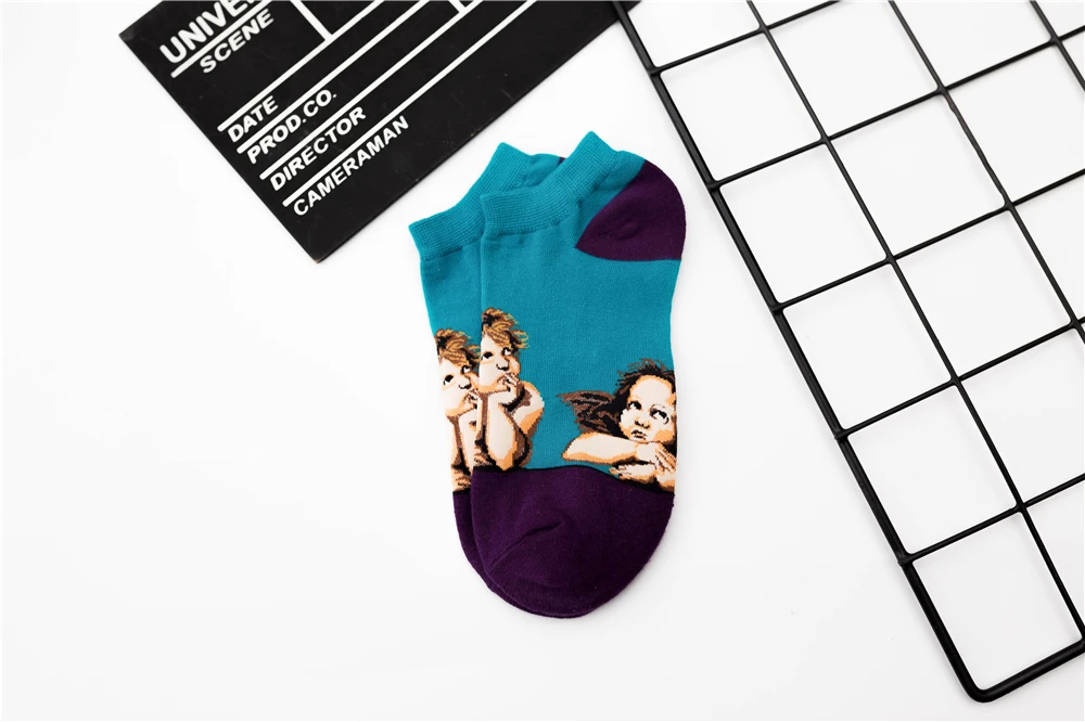 Women's New Retro Art Mural World Famous Oil Painting Series Funny Angel Mona Lisa Scream Van Gogh Starry Sky Short Ankle Socks