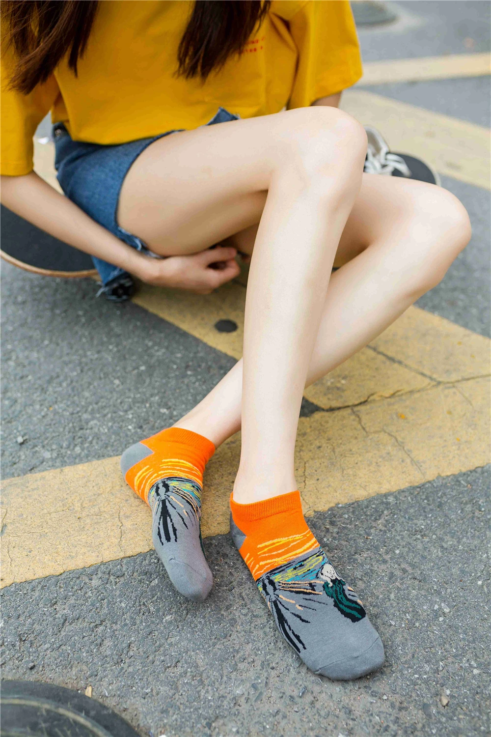 Women's New Retro Art Mural World Famous Oil Painting Series Funny Angel Mona Lisa Scream Van Gogh Starry Sky Short Ankle Socks
