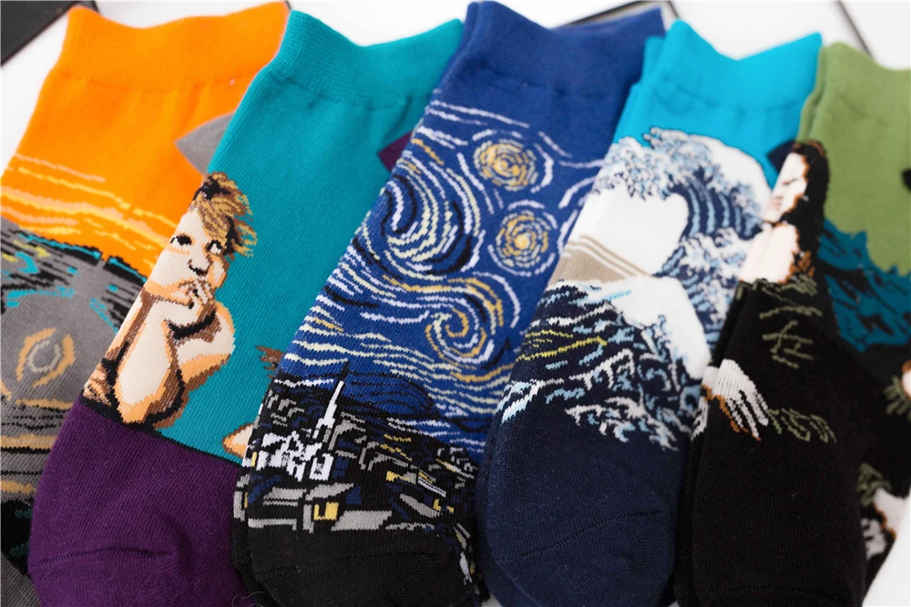 Women's New Retro Art Mural World Famous Oil Painting Series Funny Angel Mona Lisa Scream Van Gogh Starry Sky Short Ankle Socks