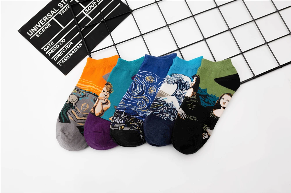 Women's New Retro Art Mural World Famous Oil Painting Series Funny Angel Mona Lisa Scream Van Gogh Starry Sky Short Ankle Socks