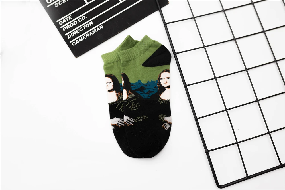 Women's New Retro Art Mural World Famous Oil Painting Series Funny Angel Mona Lisa Scream Van Gogh Starry Sky Short Ankle Socks