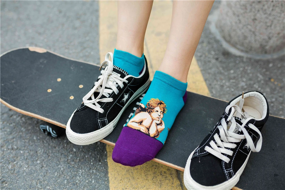 Women's New Retro Art Mural World Famous Oil Painting Series Funny Angel Mona Lisa Scream Van Gogh Starry Sky Short Ankle Socks
