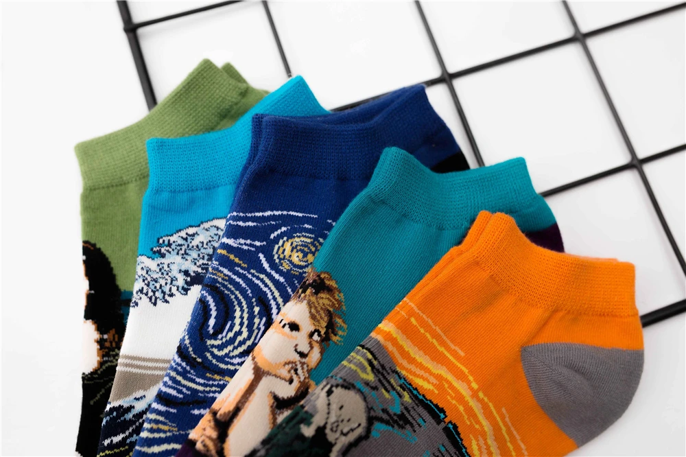 Women's New Retro Art Mural World Famous Oil Painting Series Funny Angel Mona Lisa Scream Van Gogh Starry Sky Short Ankle Socks