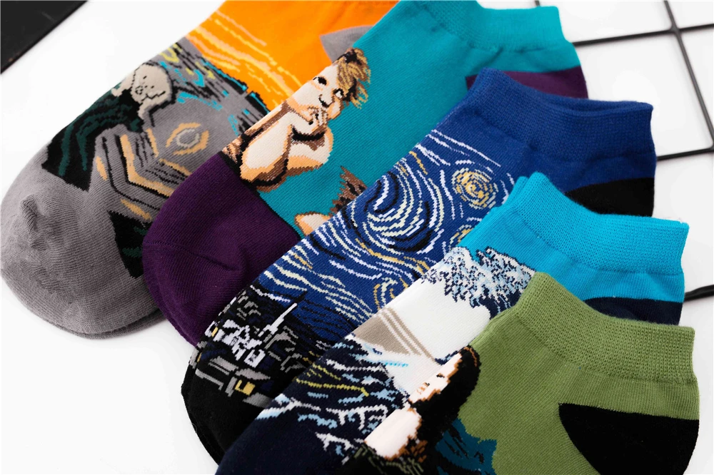 Women's New Retro Art Mural World Famous Oil Painting Series Funny Angel Mona Lisa Scream Van Gogh Starry Sky Short Ankle Socks