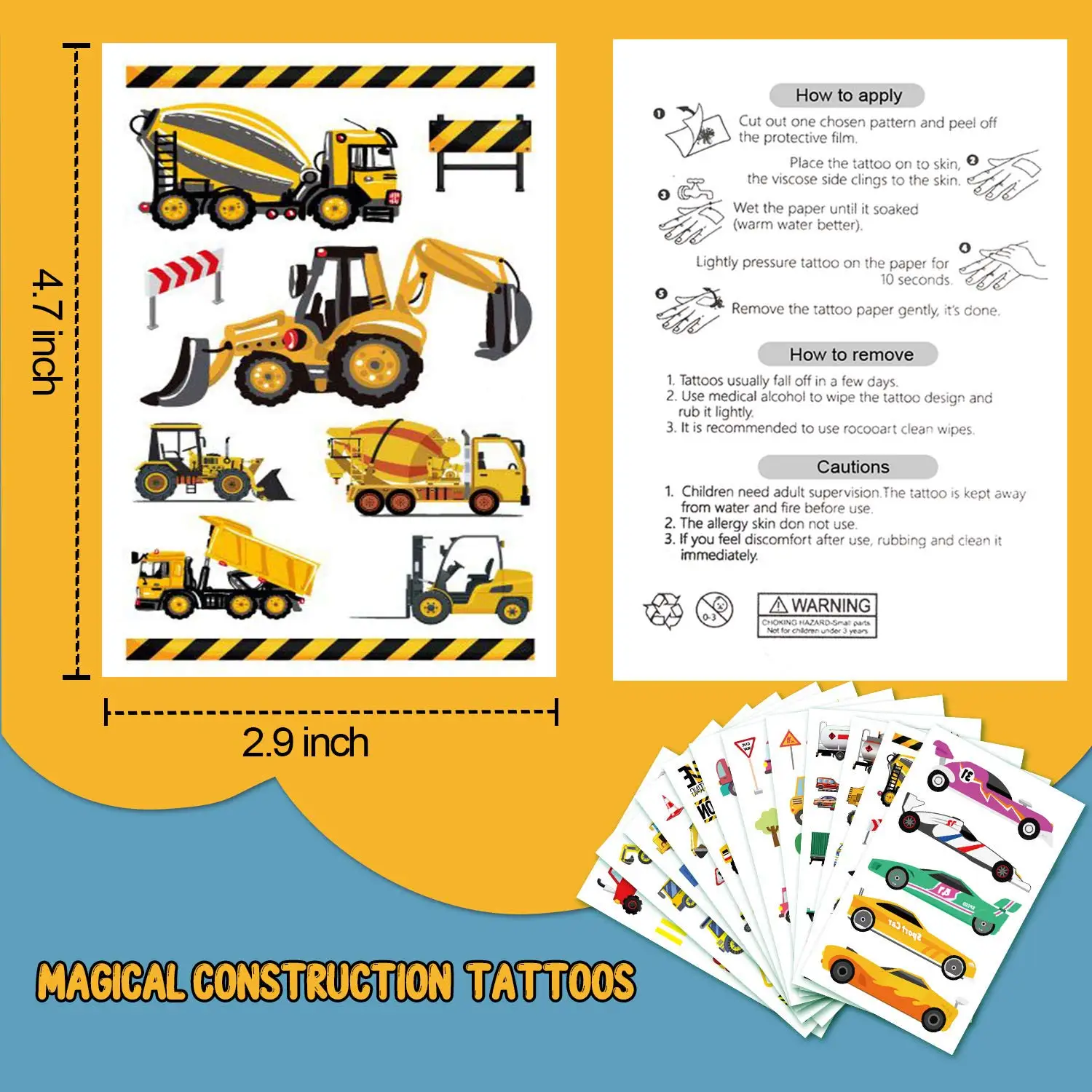 Cars and Trucks Temporary Tattoos for Kids Construction Vehicle Themed Fake Tattoo Excavator Stickers Boys Birthday Party Gifts