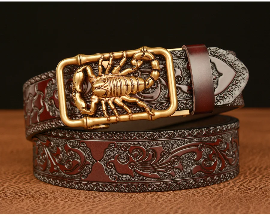SupSindy Men Genuine Leather Belt Luxury Scorpion Metal Automatic Buckle Cowhide Belts for Men Jeans Waistband Male Strap Black