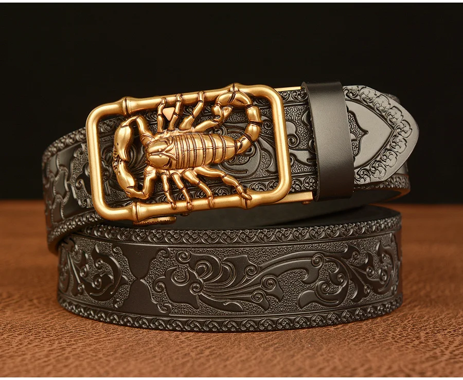 SupSindy Men Genuine Leather Belt Luxury Scorpion Metal Automatic Buckle Cowhide Belts for Men Jeans Waistband Male Strap Black