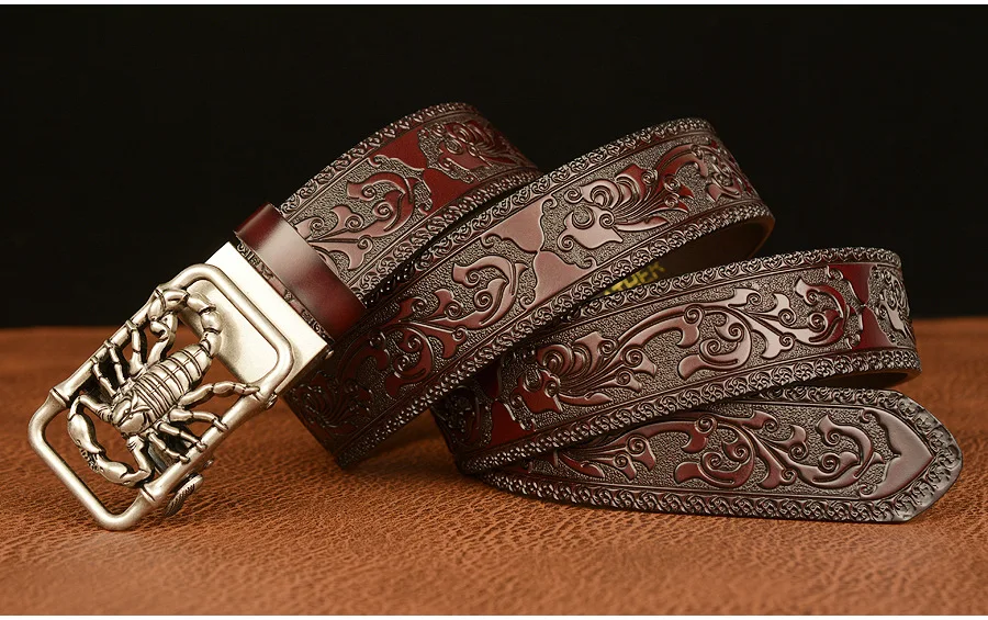 SupSindy Men Genuine Leather Belt Luxury Scorpion Metal Automatic Buckle Cowhide Belts for Men Jeans Waistband Male Strap Black