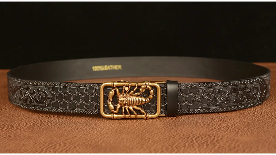 SupSindy Men Genuine Leather Belt Luxury Scorpion Metal Automatic Buckle Cowhide Belts for Men Jeans Waistband Male Strap Black