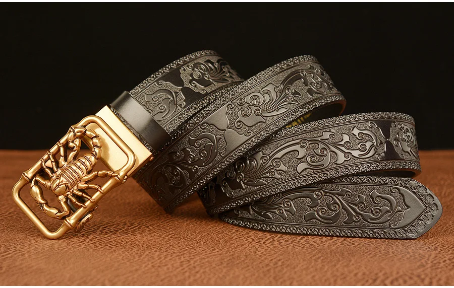 SupSindy Men Genuine Leather Belt Luxury Scorpion Metal Automatic Buckle Cowhide Belts for Men Jeans Waistband Male Strap Black
