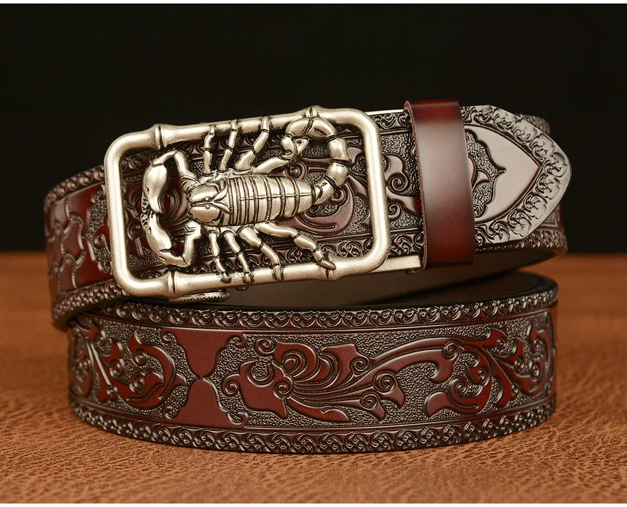 SupSindy Men Genuine Leather Belt Luxury Scorpion Metal Automatic Buckle Cowhide Belts for Men Jeans Waistband Male Strap Black
