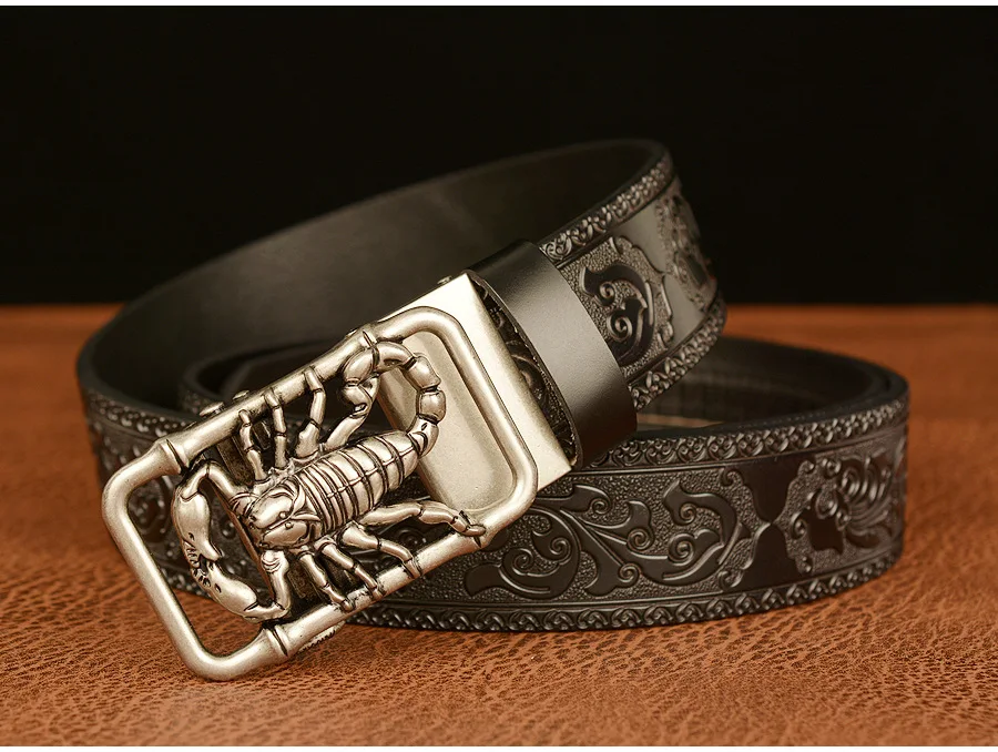 SupSindy Men Genuine Leather Belt Luxury Scorpion Metal Automatic Buckle Cowhide Belts for Men Jeans Waistband Male Strap Black