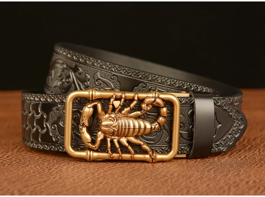SupSindy Men Genuine Leather Belt Luxury Scorpion Metal Automatic Buckle Cowhide Belts for Men Jeans Waistband Male Strap Black