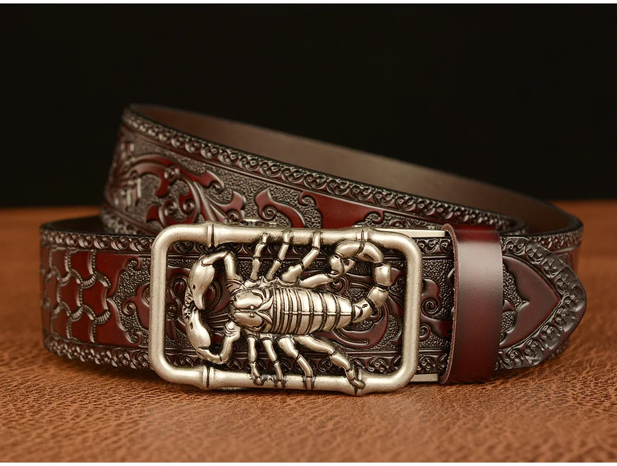 SupSindy Men Genuine Leather Belt Luxury Scorpion Metal Automatic Buckle Cowhide Belts for Men Jeans Waistband Male Strap Black