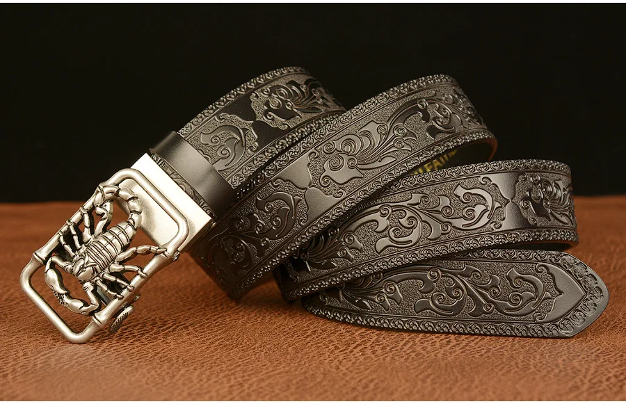 SupSindy Men Genuine Leather Belt Luxury Scorpion Metal Automatic Buckle Cowhide Belts for Men Jeans Waistband Male Strap Black