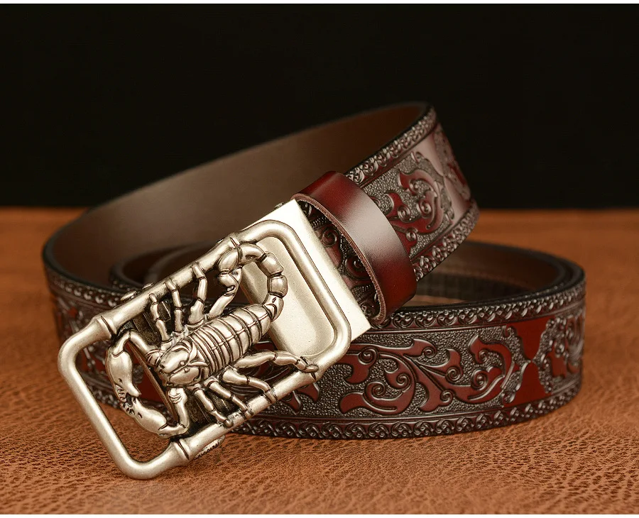 SupSindy Men Genuine Leather Belt Luxury Scorpion Metal Automatic Buckle Cowhide Belts for Men Jeans Waistband Male Strap Black