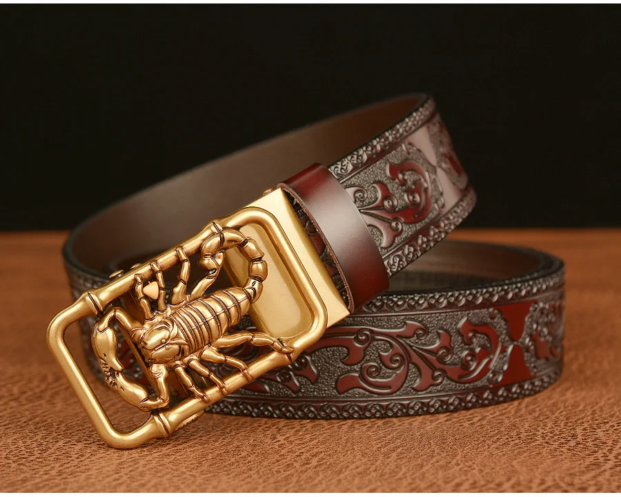 SupSindy Men Genuine Leather Belt Luxury Scorpion Metal Automatic Buckle Cowhide Belts for Men Jeans Waistband Male Strap Black