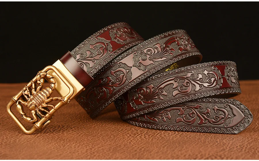 SupSindy Men Genuine Leather Belt Luxury Scorpion Metal Automatic Buckle Cowhide Belts for Men Jeans Waistband Male Strap Black