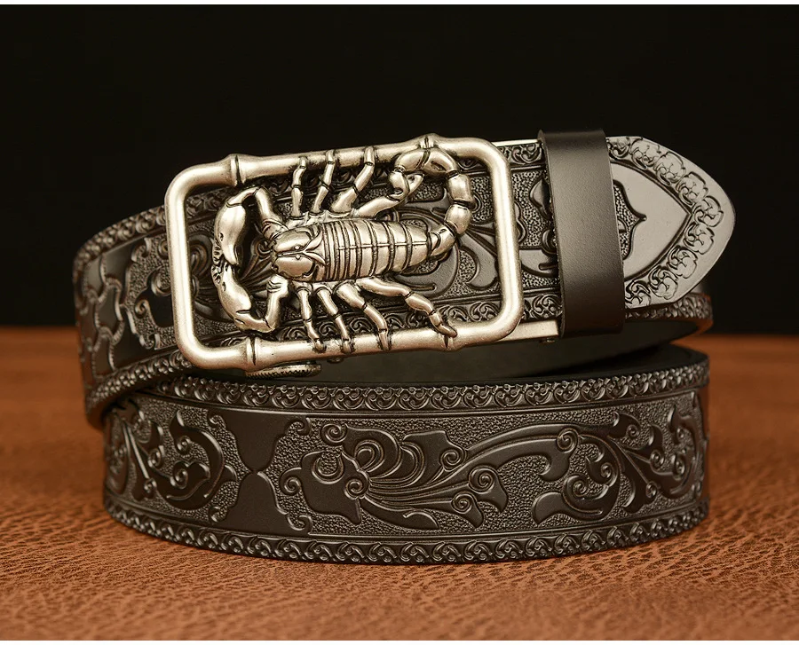 SupSindy Men Genuine Leather Belt Luxury Scorpion Metal Automatic Buckle Cowhide Belts for Men Jeans Waistband Male Strap Black