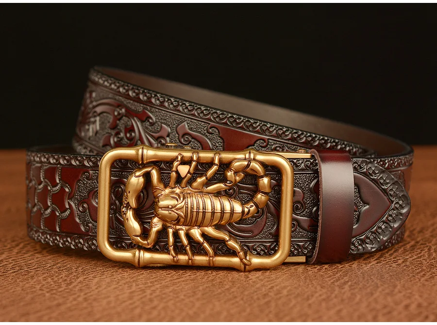 SupSindy Men Genuine Leather Belt Luxury Scorpion Metal Automatic Buckle Cowhide Belts for Men Jeans Waistband Male Strap Black
