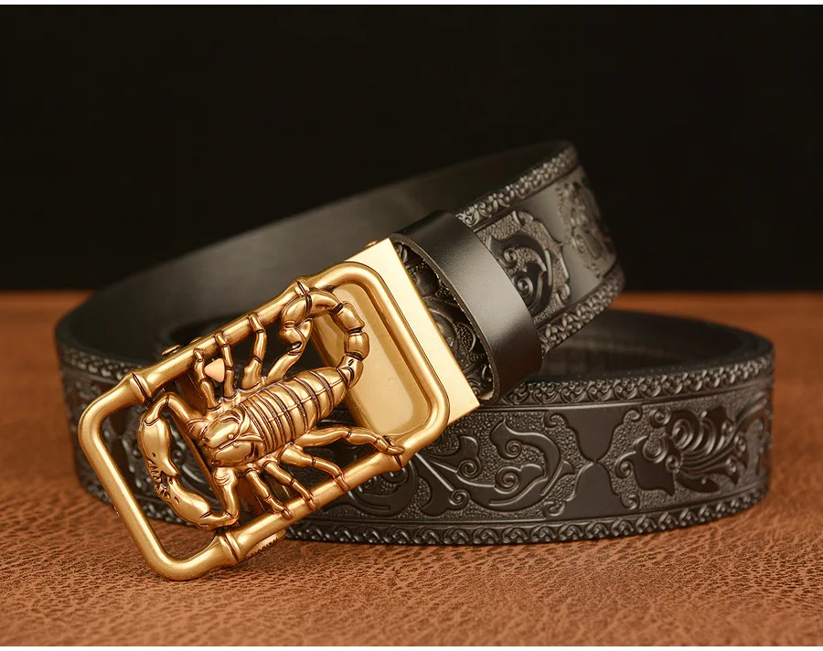 SupSindy Men Genuine Leather Belt Luxury Scorpion Metal Automatic Buckle Cowhide Belts for Men Jeans Waistband Male Strap Black