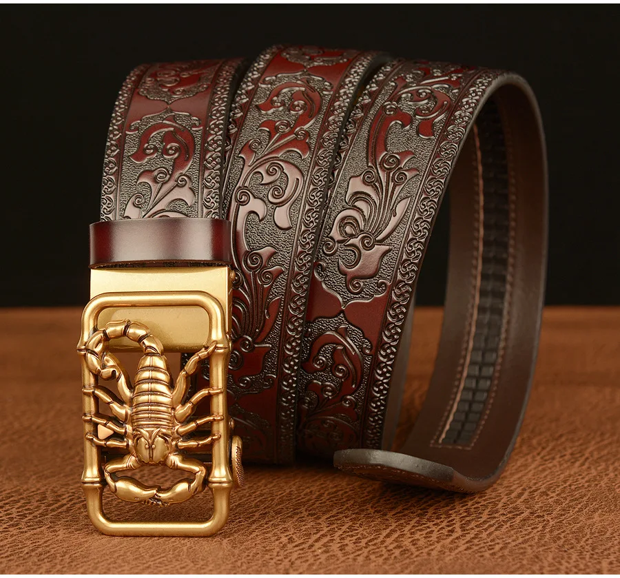 SupSindy Men Genuine Leather Belt Luxury Scorpion Metal Automatic Buckle Cowhide Belts for Men Jeans Waistband Male Strap Black
