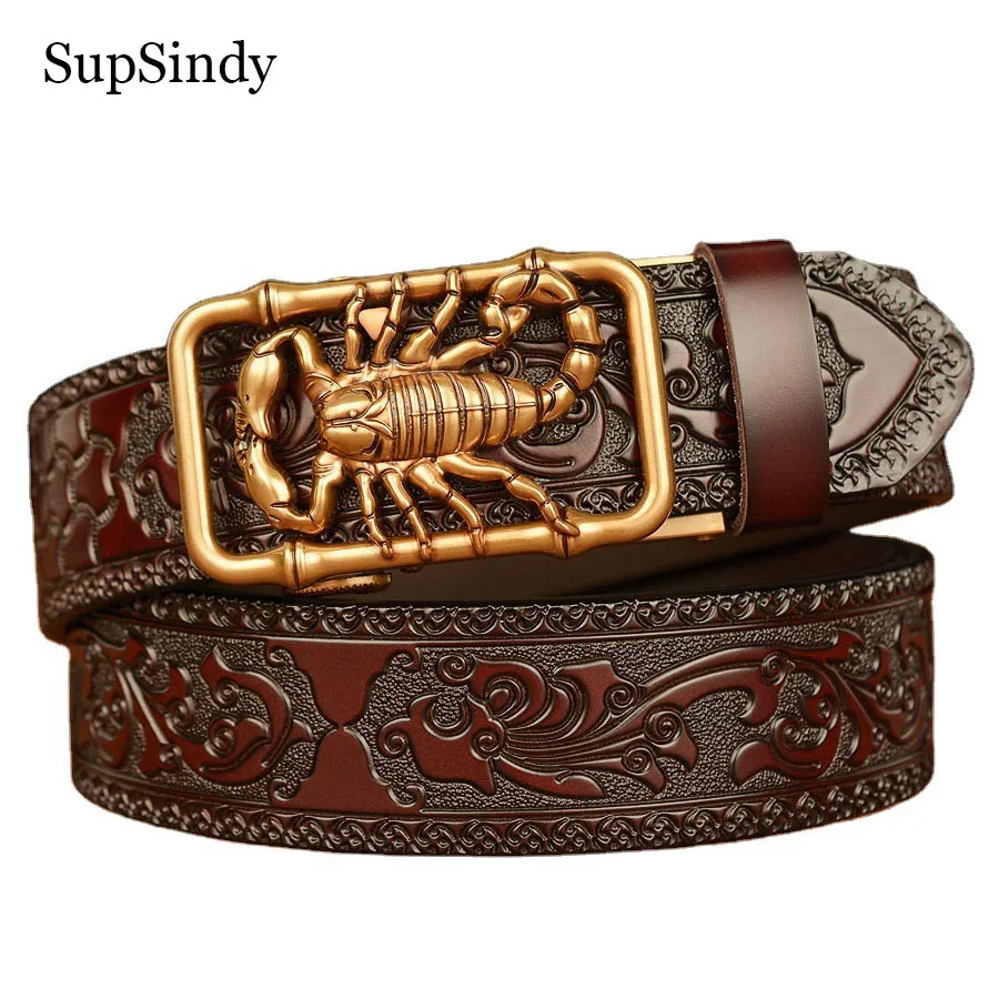 SupSindy Men Genuine Leather Belt Luxury Scorpion Metal Automatic Buckle Cowhide Belts for Men Jeans Waistband Male Strap Black