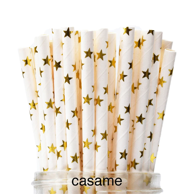 25pcs Metallic Gold heart star Foil Stripe Paper Straws Silver chevron Wedding Party Decor