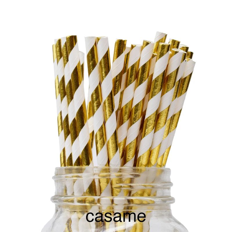 25pcs Metallic Gold heart star Foil Stripe Paper Straws Silver chevron Wedding Party Decor