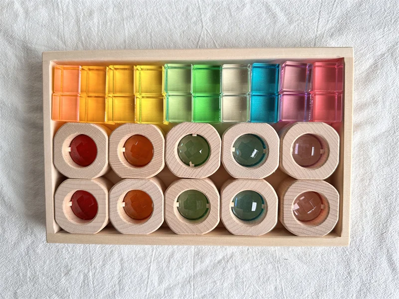 Wooden Montessori Toys See Through Blocks Mixed Acrylic Gems for Kids Open Play